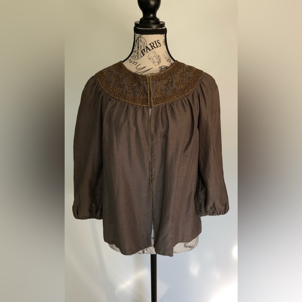 Elie Tahari Women's Blouse / Jacket Brown with Gold Beads at Neckline Size Small